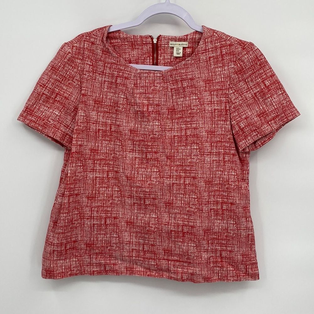 Mercer & Madison Womens Stretch Round Neck Short Sleeve Back Zip Blouse Medium